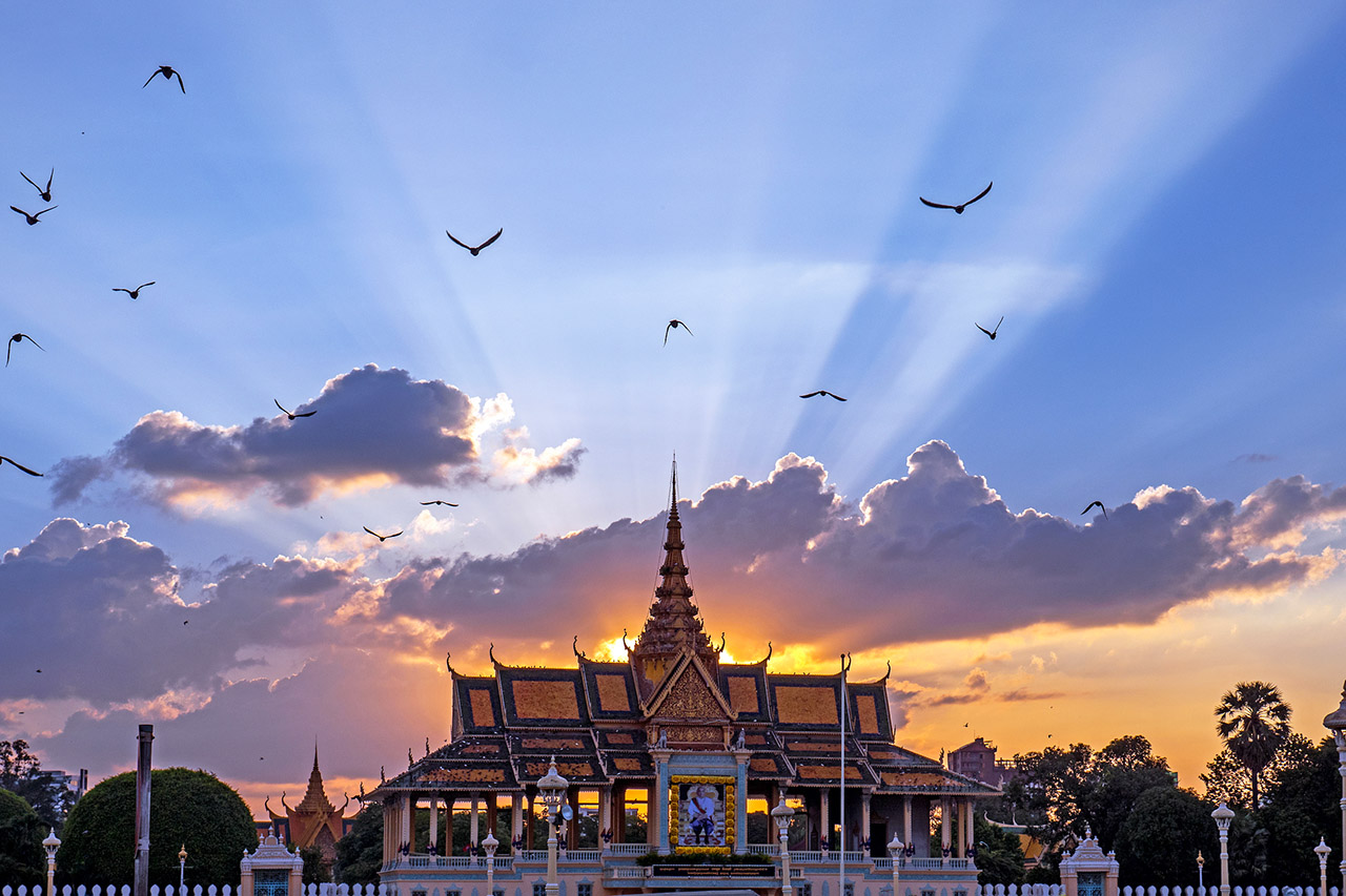 Sunset behind the Grand Performance Hall, Grand Palace, Phnom Penh, Cambodia, ©2017